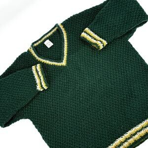 VTG Handmade/Nepal Chunky Knit Sweater Men XXL Green Gold Varsity Style V-Neck